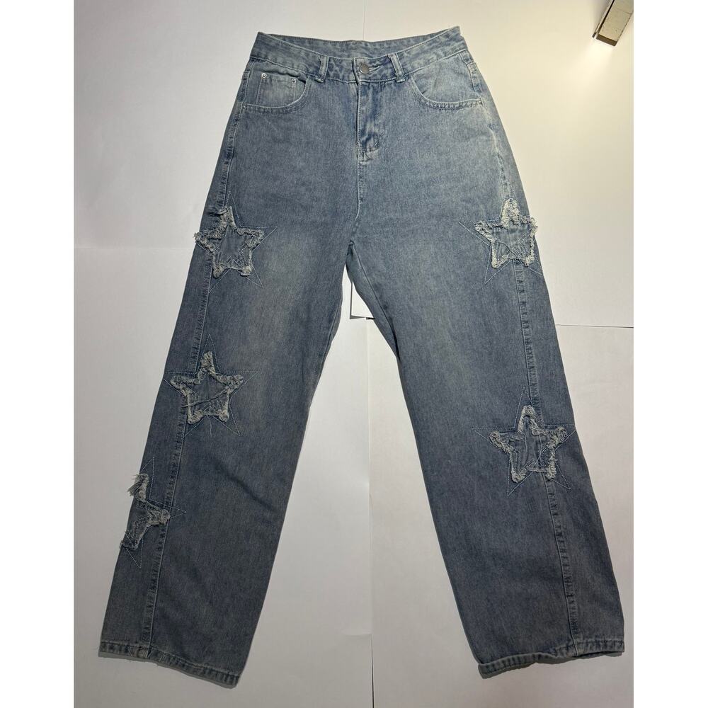Y2K Baggy Star Patchwork Jeans Distressed Frayed Star Patch Wide Leg